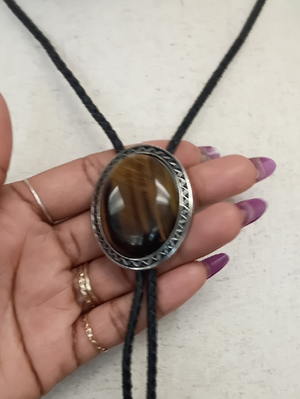 Western Bolo Tie Necklace Brown Cabochon Pendant Black Cord Vintage Style - Picture 7 of 11